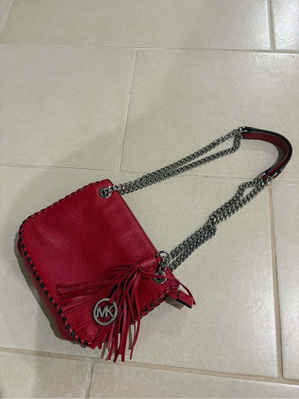 NWOT Michael Kors Red Pebbled Leather Whipstitch Tassel Shoulder Bag